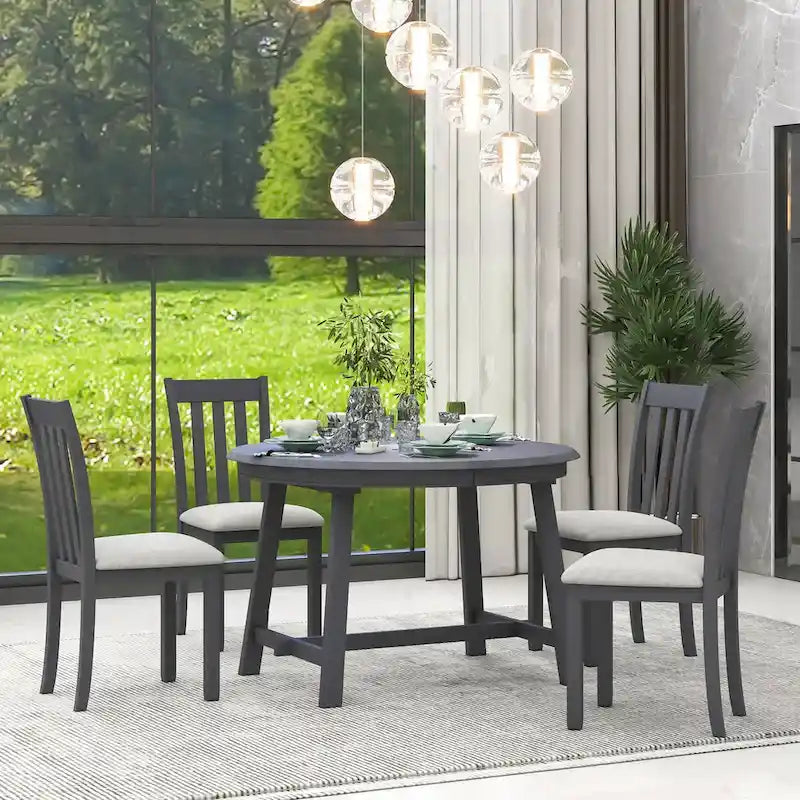 Ensemble de salle à manger 5 pièces avec table ronde extensible et 4 chaises rembourrées