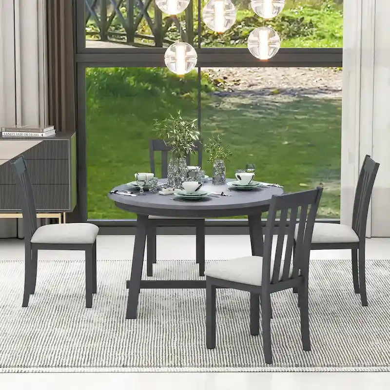 Ensemble de salle à manger 5 pièces avec table ronde extensible et 4 chaises rembourrées