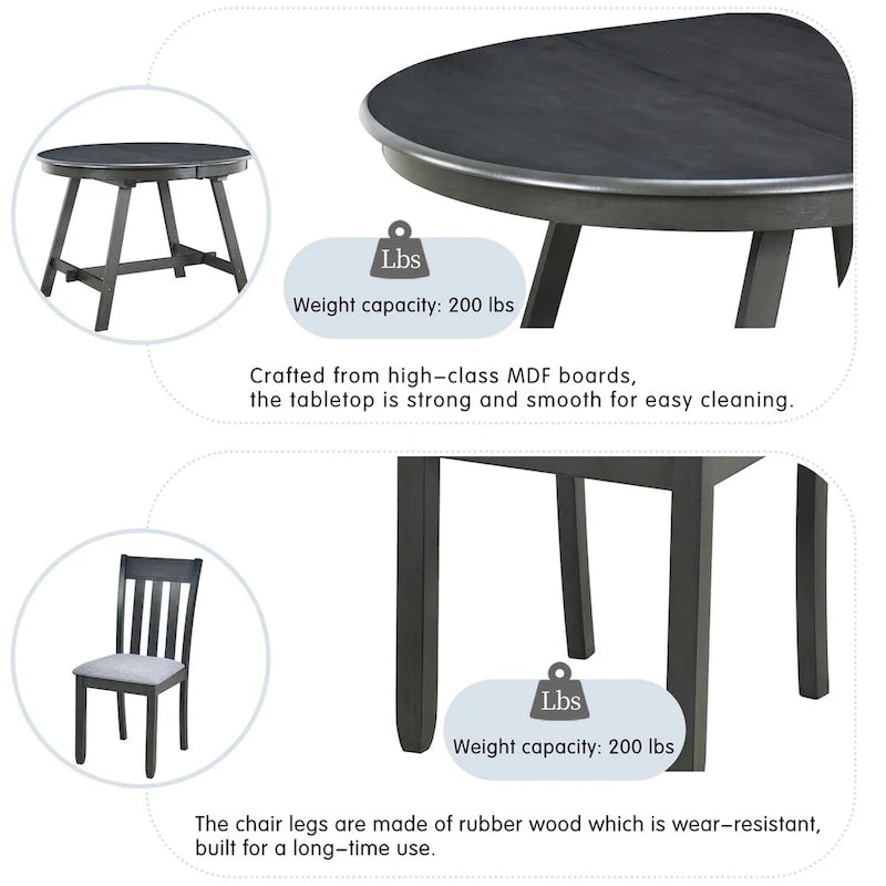Ensemble de salle à manger 5 pièces avec table ronde extensible et 4 chaises rembourrées