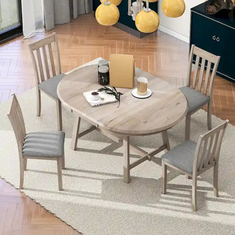 Ensemble de salle à manger 5 pièces avec table ronde extensible et 4 chaises rembourrées