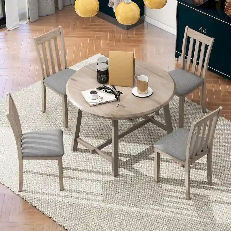 Ensemble de salle à manger 5 pièces avec table ronde extensible et 4 chaises rembourrées
