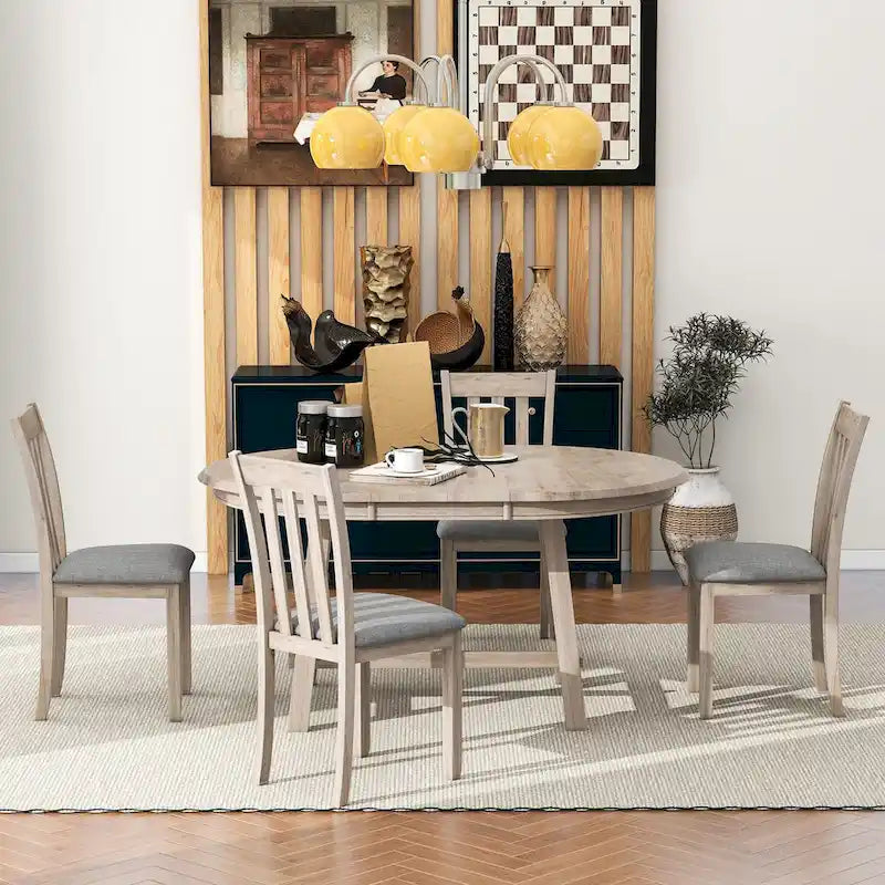 Ensemble de salle à manger 5 pièces avec table ronde extensible et 4 chaises rembourrées