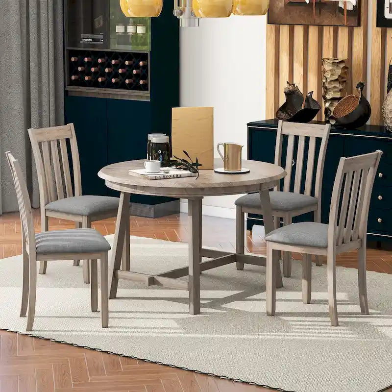 Ensemble de salle à manger 5 pièces avec table ronde extensible et 4 chaises rembourrées