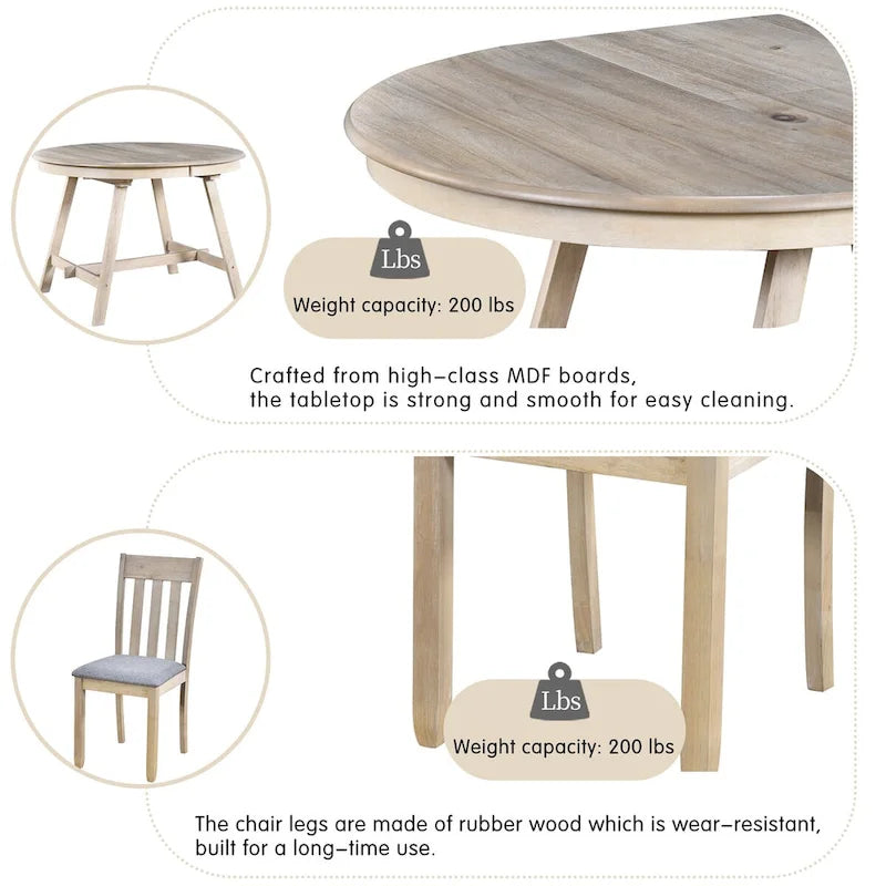 Ensemble de salle à manger 5 pièces avec table ronde extensible et 4 chaises rembourrées