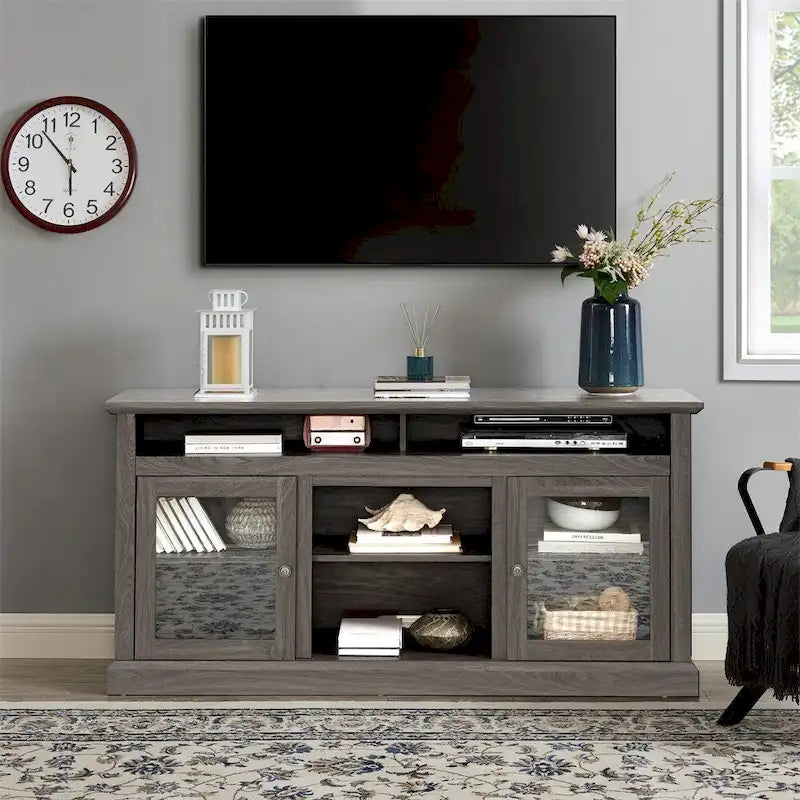 Meuble TV en bois de 152 cm avec rangement et gestion des câbles, Noyer foncé