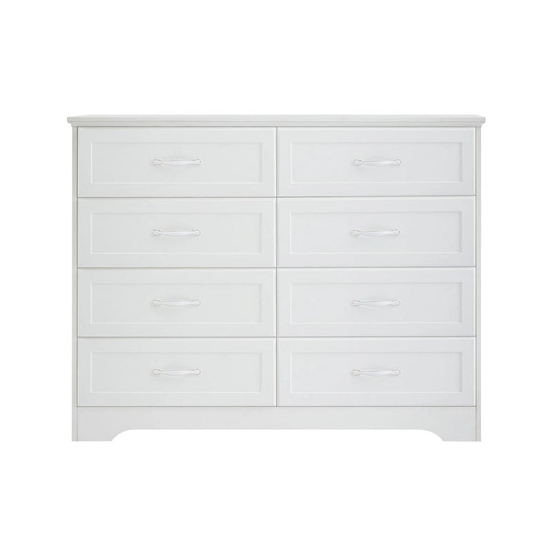 Commode blanche à 8 tiroirs avec poignées dorées