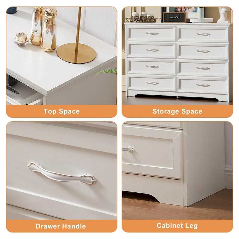 Commode blanche à 8 tiroirs avec poignées dorées