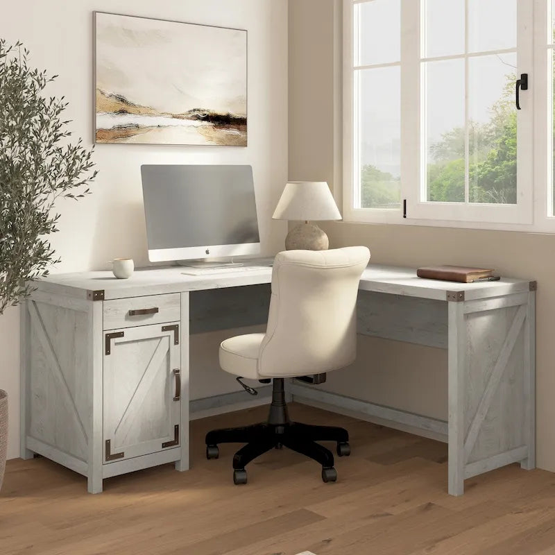 Bureau d'angle 60 W avec meuble de rangement – Style ferme moderne