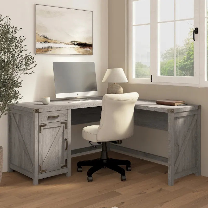Bureau d'angle 60 W avec meuble de rangement – Style ferme moderne