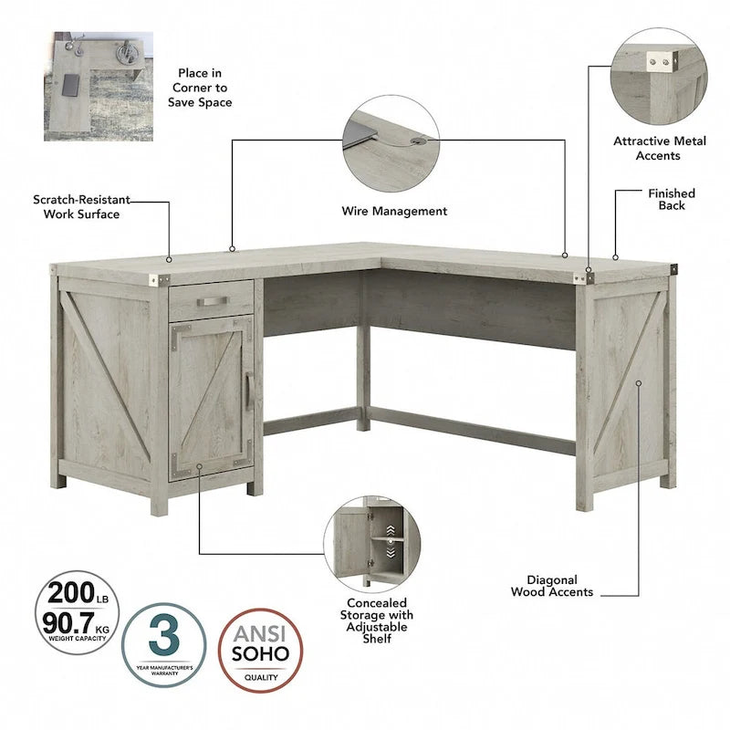 Bureau d'angle 60 W avec meuble de rangement – Style ferme moderne