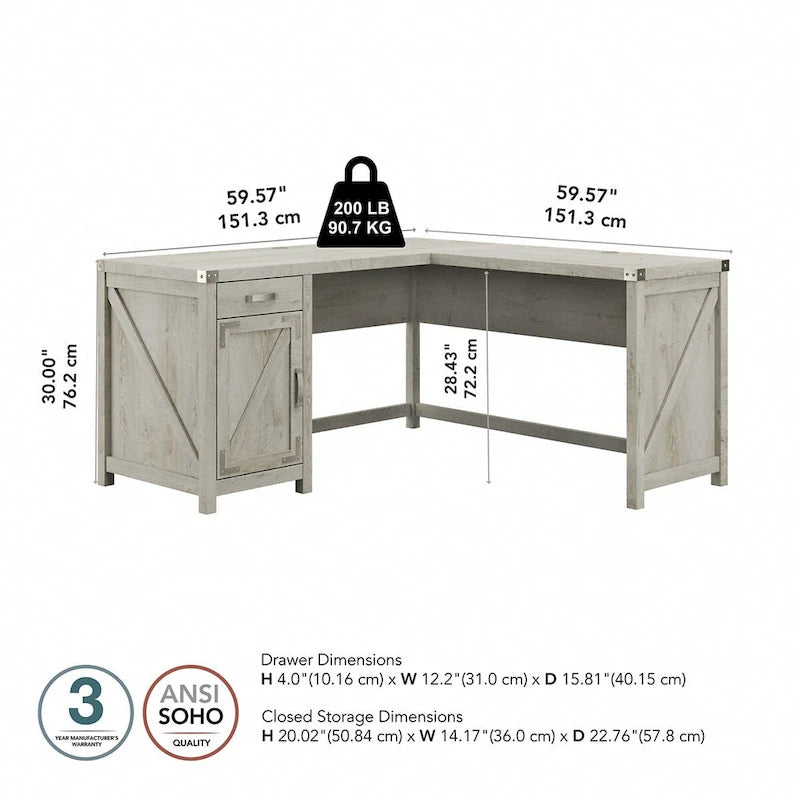 Bureau d'angle 60 W avec meuble de rangement – Style ferme moderne