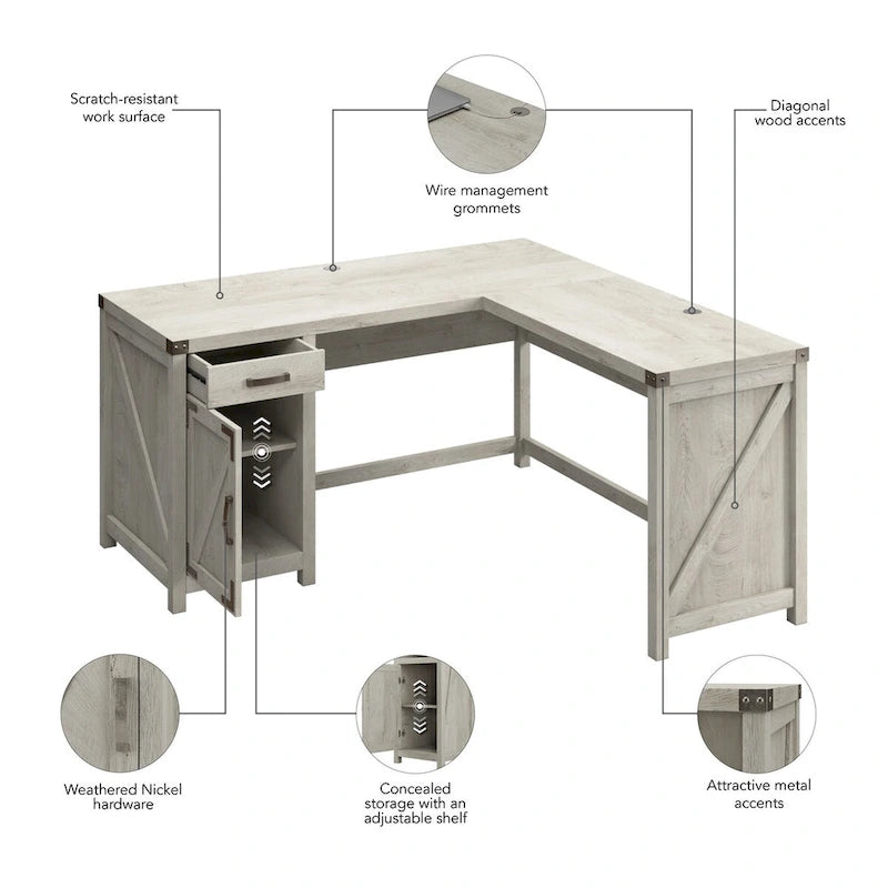 Bureau d'angle 60 W avec meuble de rangement – Style ferme moderne