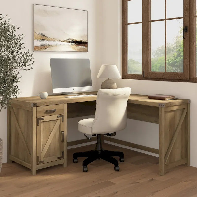 Bureau d'angle 60 W avec meuble de rangement – Style ferme moderne