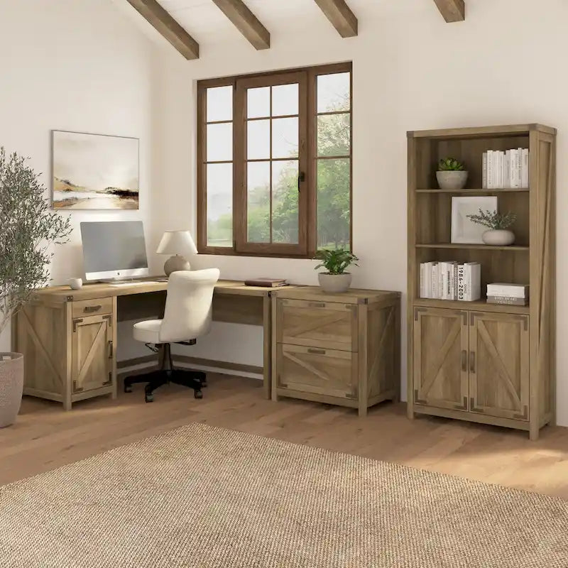 Bureau d'angle 60 W avec meuble de rangement – Style ferme moderne
