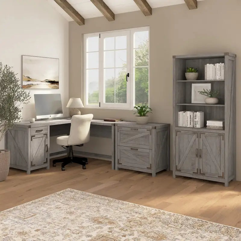 Bureau d'angle 60 W avec meuble de rangement – Style ferme moderne