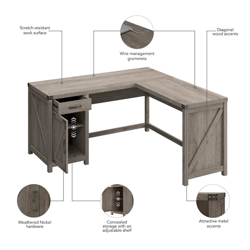 Bureau d'angle 60 W avec meuble de rangement – Style ferme moderne